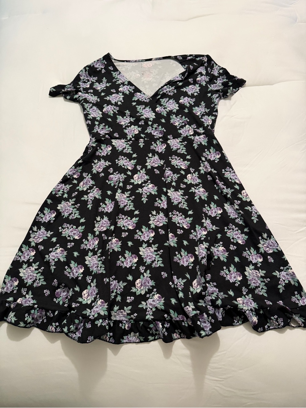 SO Black Floral V-Neck Casual Girls Dress with Lavender Flowers